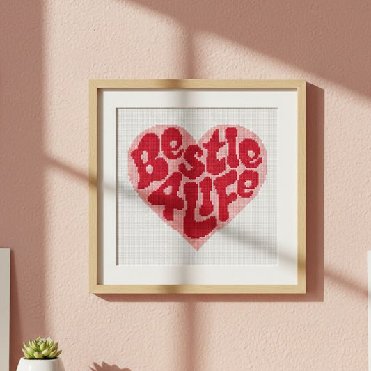 Bestie 4 Life Retro Heart Cross Stitch Pattern - Groovy Pink & Red Digital PDF