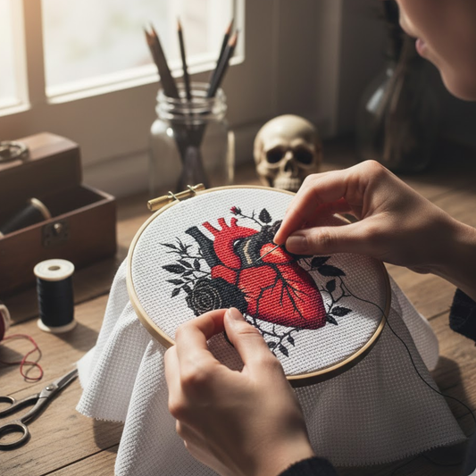 Anatomical Human Heart & Black Roses – Gothic Cross Stitch Pattern – Digital PDF Download