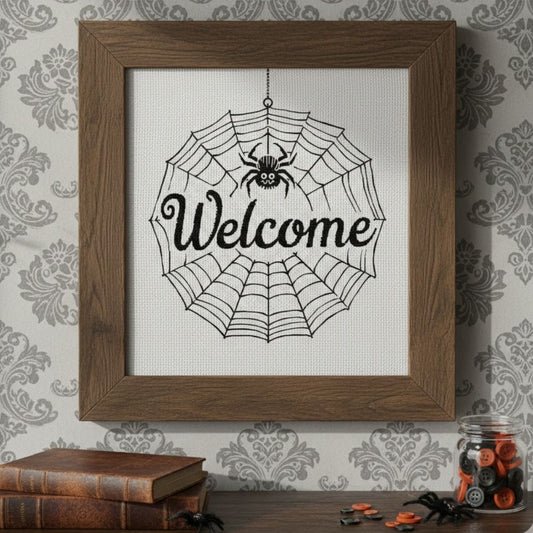 Spider Web "Welcome" Gothic Cross Stitch Pattern – Digital PDF Download