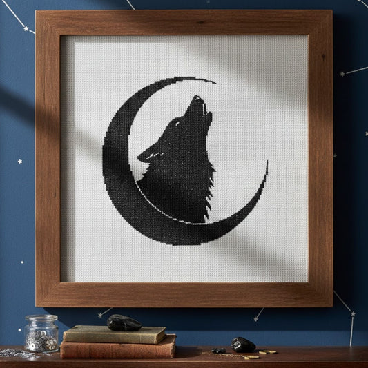 Crescent Moon Howling Wolf – Gothic Cross Stitch Pattern – Digital PDF Download