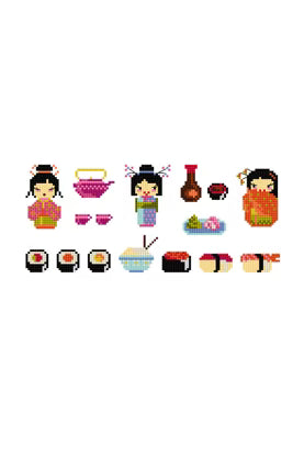 Kawaii Japanese Motif Cross Stitch Pattern Digital Download Sushi Kokeshi Doll Embroidery Instant DIY Craft Mini Sampler File