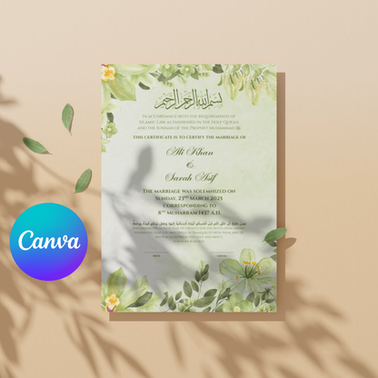 Botanical Islamic Marriage Certificate Frame