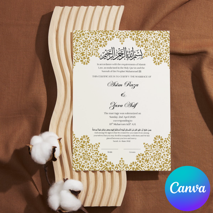 Golden Floral Islamic Marriage Certificate Frame