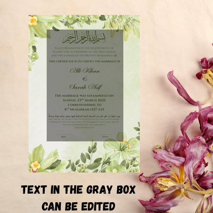 Botanical Islamic Marriage Certificate Frame
