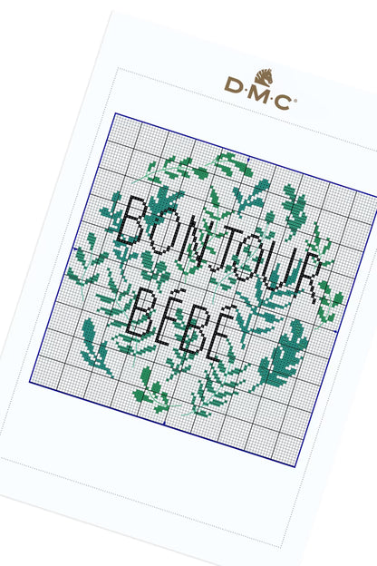 Bonjour Bébé Cross Stitch PDF Pattern Instant Download Botanical Wreath Tote Bag Embroidery Modern DIY Craft French Nursery