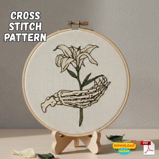 Skeleton Hands & Lily Cross Stitch Pattern - Gothic Dark Academia PDF