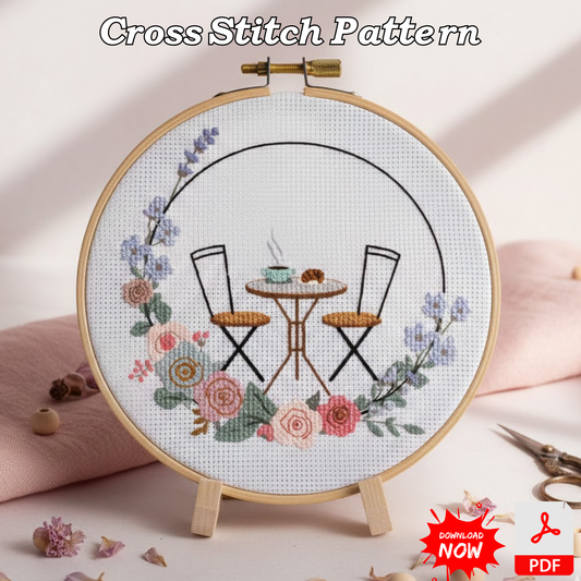 Parisian Café Terrace Cross Stitch Pattern - Floral Bistro Digital PDF Download