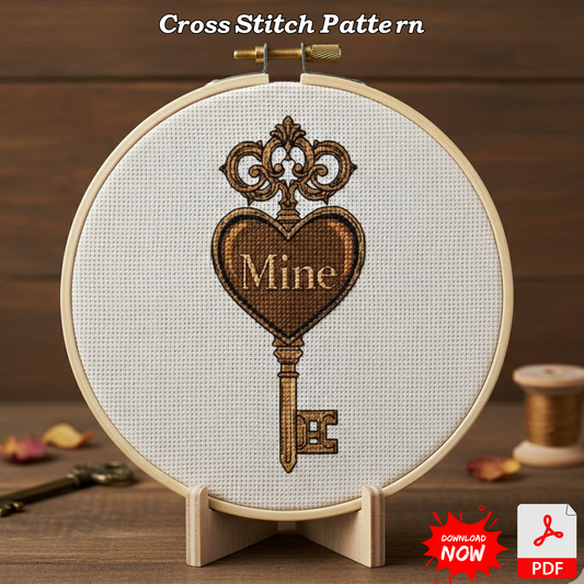 Victorian "Mine" Heart Key Cross Stitch Pattern - Antique Gothic Digital PDF