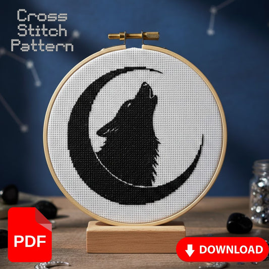 Crescent Moon Howling Wolf – Gothic Cross Stitch Pattern – Digital PDF Download
