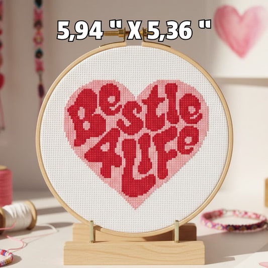 Bestie 4 Life Retro Heart Cross Stitch Pattern - Groovy Pink & Red Digital PDF