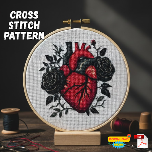 Anatomical Human Heart & Black Roses – Gothic Cross Stitch Pattern – Digital PDF Download