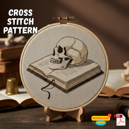 Dark Academia Skull & Book Cross Stitch Pattern - Gothic Memento Mori PDF