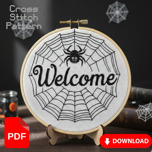 Spider Web "Welcome" Gothic Cross Stitch Pattern – Digital PDF Download
