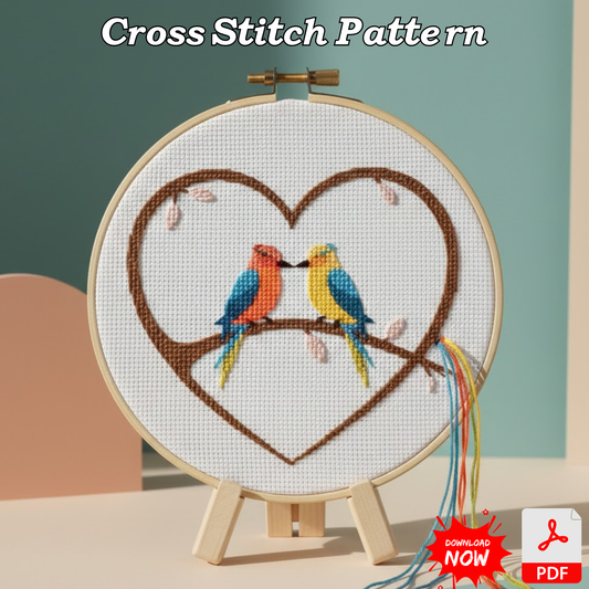 Lovebirds Heart – Modern Cross Stitch Pattern – Digital PDF Download