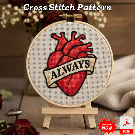 Anatomical Tattoo Heart "Always" Cross Stitch Pattern - Digital PDF