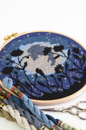 Midnight Floral Cross Stitch Pattern Digital Download Celestial Moon Embroidery Hoop Art Instant DIY Craft Dark Botanical Decor File