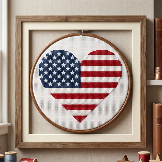 American Flag Heart Cross Stitch Pattern - Patriotic Stars and Stripes PDF Chart