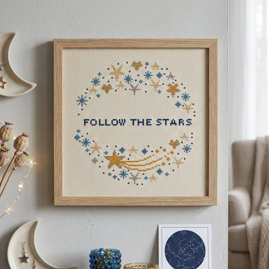 "Follow the Stars" Celestial Cross Stitch Pattern | Minimalist Starry Wreath Embroidery PDF | Instant Download Modern Chart
