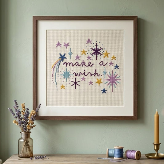 "Make a Wish" Celestial Cross Stitch Pattern | Shooting Star & Galaxy Embroidery PDF | Whimsical Nursery Wall Art Chart