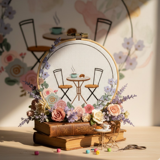 Parisian Café Terrace Cross Stitch Pattern - Floral Bistro Digital PDF Download