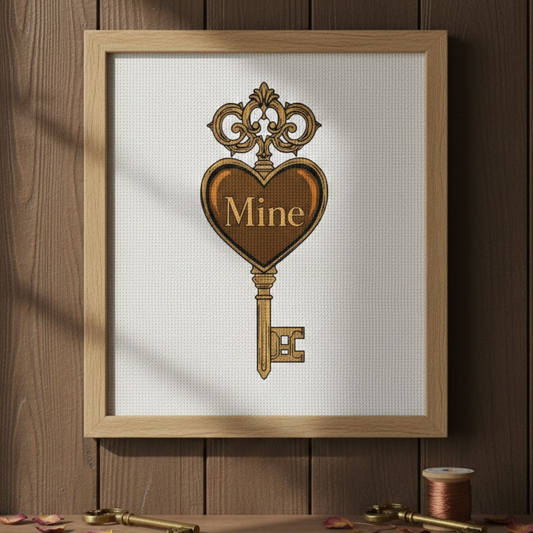 Victorian "Mine" Heart Key Cross Stitch Pattern - Antique Gothic Digital PDF