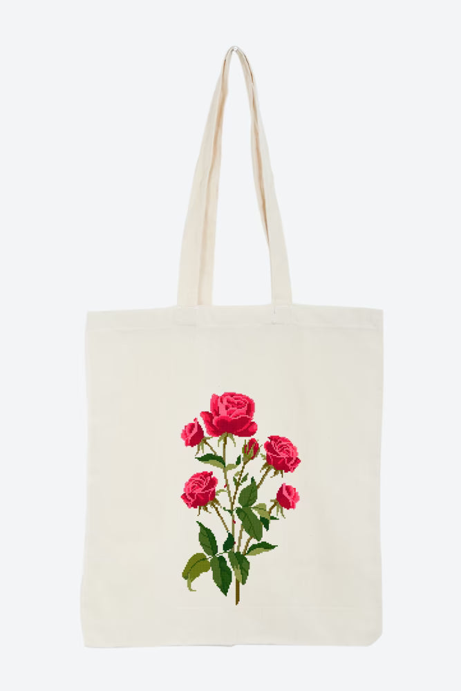 Red Rose Cross Stitch Pattern Digital Download Floral Tote Bag Embroidery Design Instant DIY Botanical Needlepoint Craft File