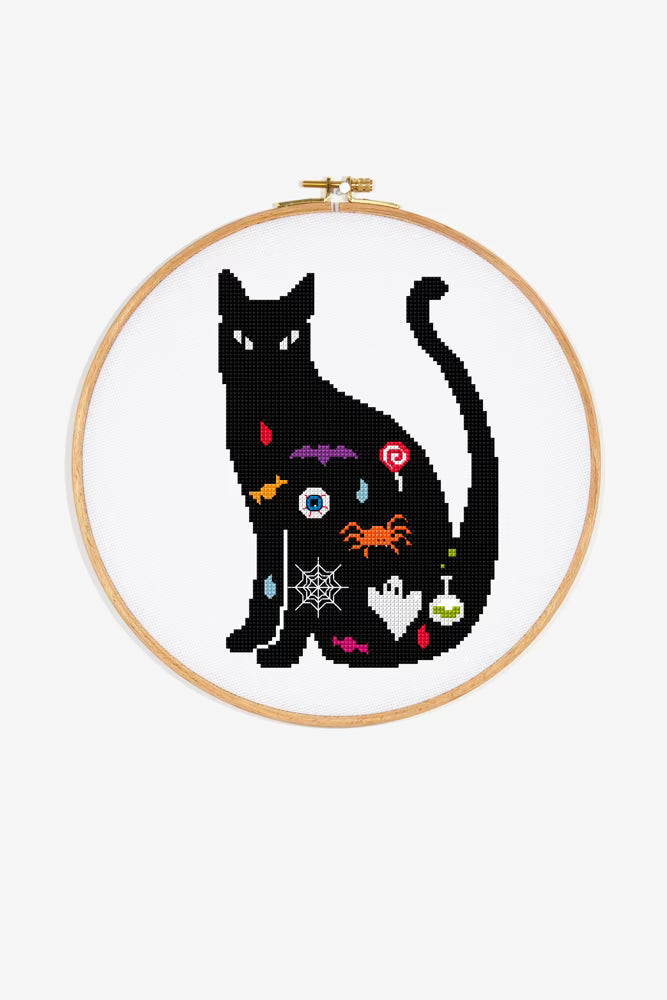 Halloween Cat Silhouette PDF Pattern Instant Download Ghost Spider Motif Hoop Art Modern Spooky Embroidery DIY Craft File