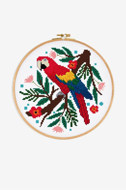 Vibrant Red Macaw Cross Stitch Pattern Digital Download Tropical Bird Embroidery Hoop Art Instant DIY Craft Modern Jungle Decor
