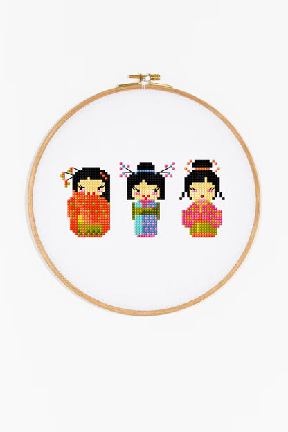 Kawaii Japanese Motif Cross Stitch Pattern Digital Download Sushi Kokeshi Doll Embroidery Instant DIY Craft Mini Sampler File