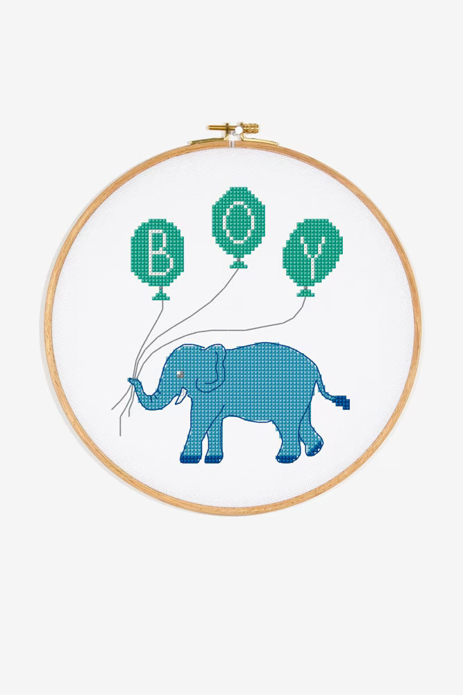Baby Boy Elephant Balloon Cross Stitch PDF Pattern Instant Download Nursery Embroidery DIY Craft File New Mom Gift