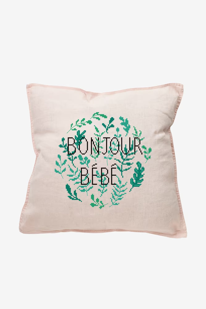 Bonjour Bébé Cross Stitch PDF Pattern Instant Download Botanical Wreath Tote Bag Embroidery Modern DIY Craft French Nursery