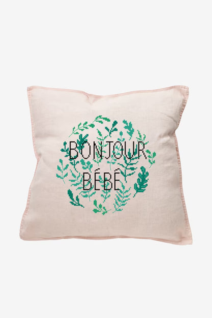 Bonjour Bébé Cross Stitch PDF Pattern Instant Download Botanical Wreath Tote Bag Embroidery Modern DIY Craft French Nursery