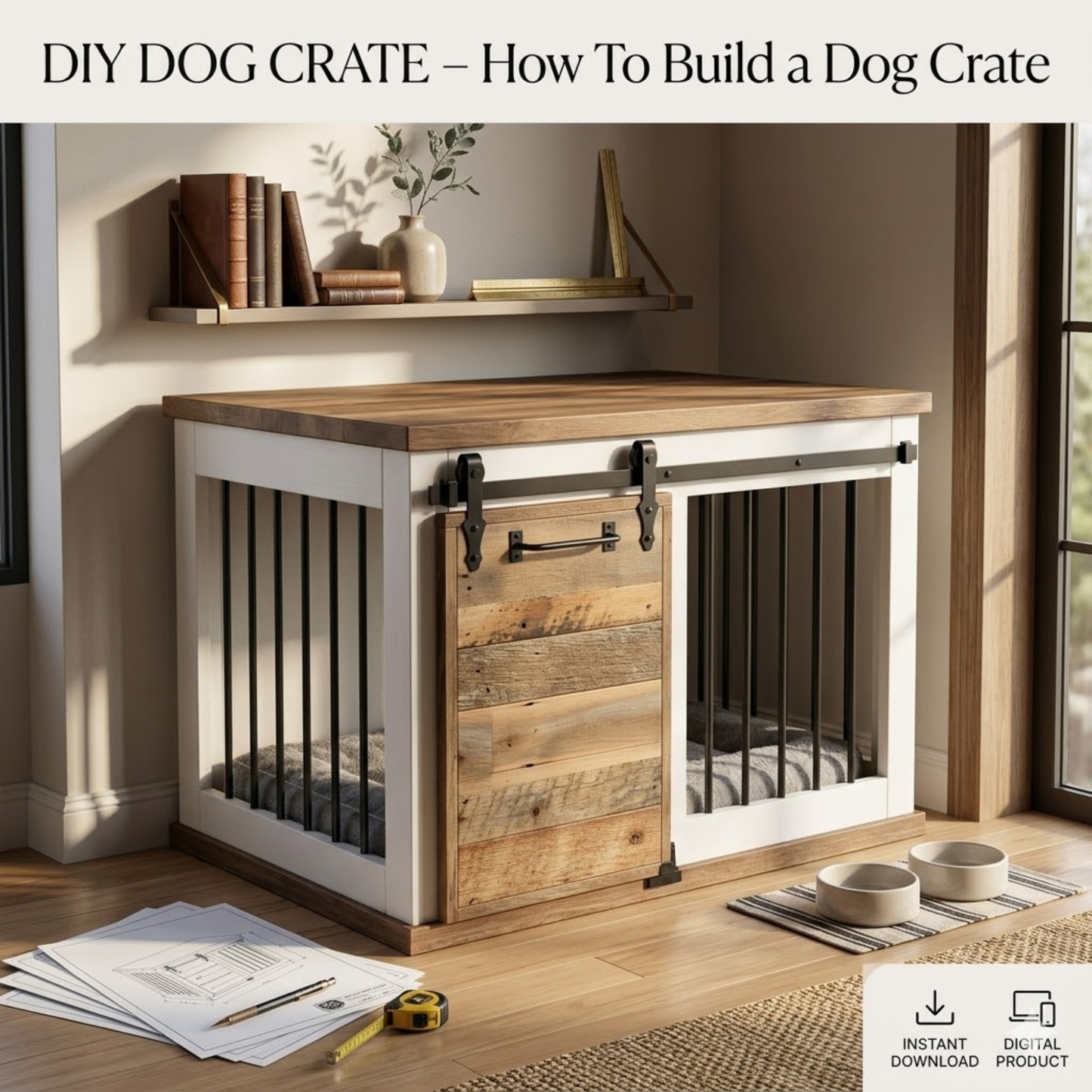 DIY Farmhouse Dog Crate with Sliding Barn Door Plans – Instant Digital Download