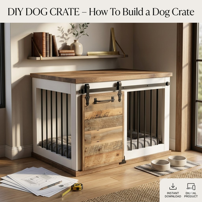 DIY Farmhouse Dog Crate with Sliding Barn Door Plans – Instant Digital Download