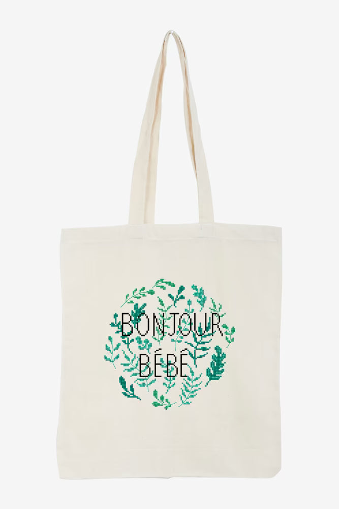 Bonjour Bébé Cross Stitch PDF Pattern Instant Download Botanical Wreath Tote Bag Embroidery Modern DIY Craft French Nursery
