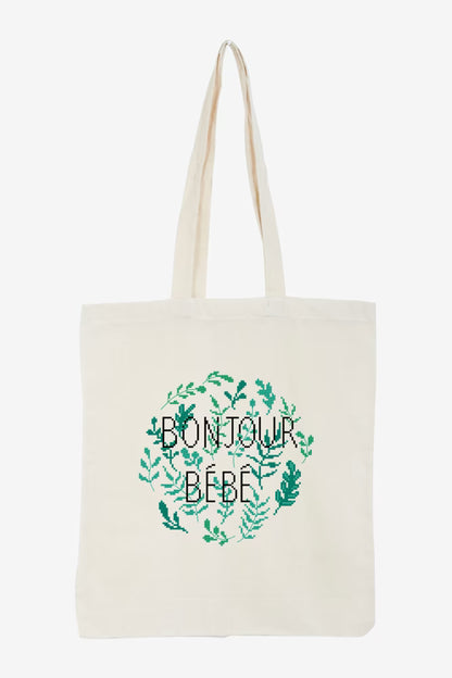 Bonjour Bébé Cross Stitch PDF Pattern Instant Download Botanical Wreath Tote Bag Embroidery Modern DIY Craft French Nursery