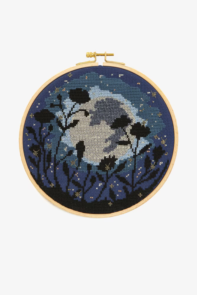 Midnight Floral Cross Stitch Pattern Digital Download Celestial Moon Embroidery Hoop Art Instant DIY Craft Dark Botanical Decor File