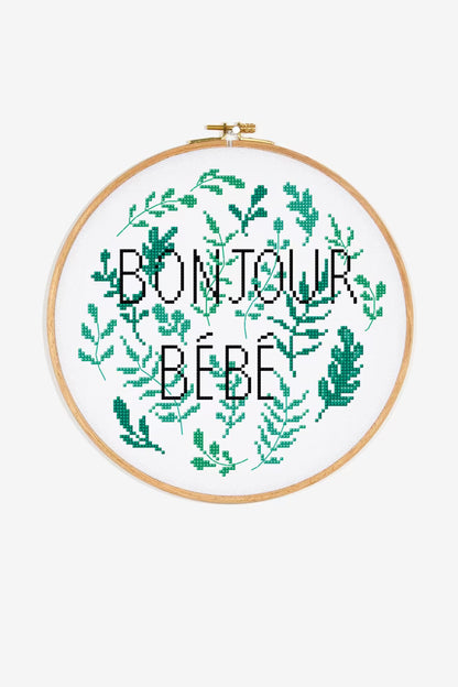Bonjour Bébé Cross Stitch PDF Pattern Instant Download Botanical Wreath Tote Bag Embroidery Modern DIY Craft French Nursery