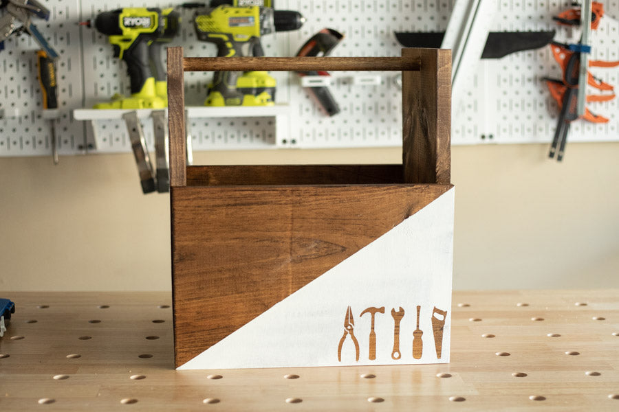 Handcrafted Two-Tone Wooden Tool Tote – Rustic Workshop Organizer