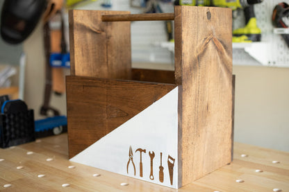 Handcrafted Two-Tone Wooden Tool Tote – Rustic Workshop Organizer