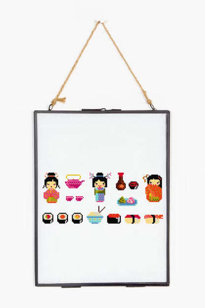Kawaii Japanese Motif Cross Stitch Pattern Digital Download Sushi Kokeshi Doll Embroidery Instant DIY Craft Mini Sampler File