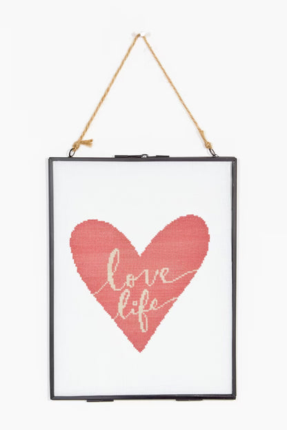 Romantic Pink Heart Cross Stitch PDF Pattern Instant Download Cursive Text Motif Modern Embroidery DIY Craft File