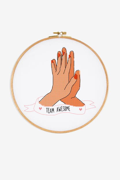 High Five Cross Stitch PDF Pattern Instant Download "Team Awesome" Quote Pillow Embroidery Modern DIY Craft File Motivation