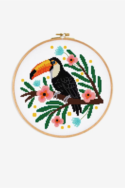 Modern Tropical Bird Cross Stitch Digital File Toucan Floral DIY Needlepoint Instant Download Jungle Hoop Art Pattern