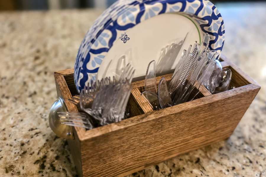 Handcrafted Rustic Wooden Utensil & Paper Plate Caddy – Kitchen Organization