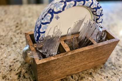 Handcrafted Rustic Wooden Utensil & Paper Plate Caddy – Kitchen Organization