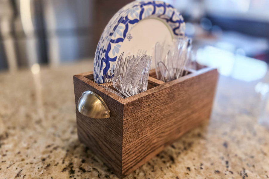 Handcrafted Rustic Wooden Utensil & Paper Plate Caddy – Kitchen Organization