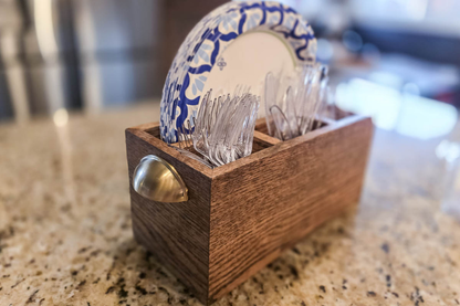 Handcrafted Rustic Wooden Utensil & Paper Plate Caddy – Kitchen Organization